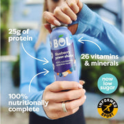 Lifestyle/use image: BOL Blueberry Power Shake plant based meal beverage enjoyed chilled 410g