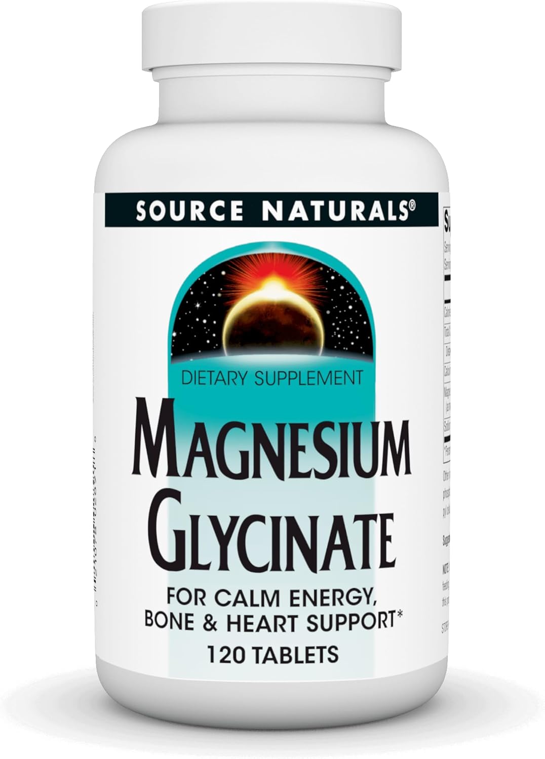 Front image: Source Naturals magnesium glycinate chelated tablets bottle 120 count