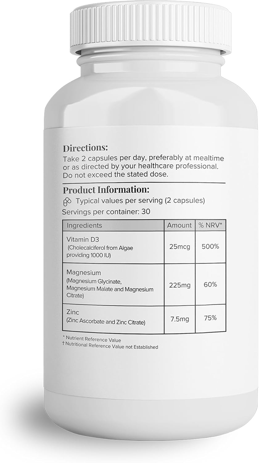 Supplement facts panel for Magnesium, Zinc, and Vitamin D3 complex.