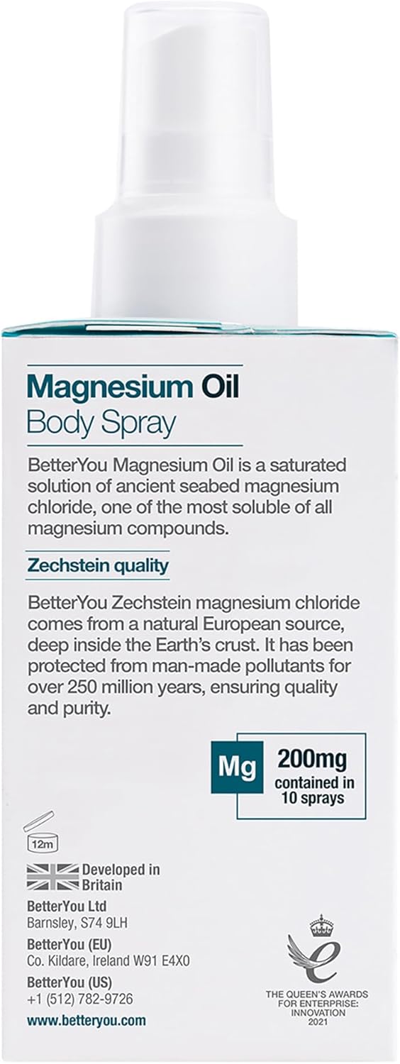 Back label of BetterYou Magnesium Oil Spray showing Zechstein source and ingredients.