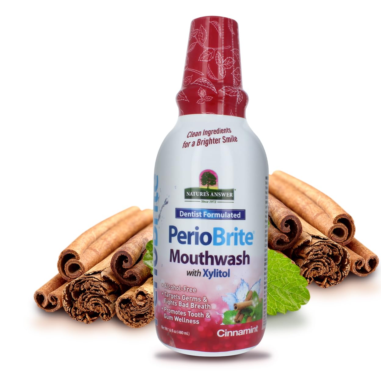 Nature’s Answer PerioBrite Cinnamint mouthwash alcohol-free fluoride-free 480ml bottle front label