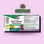 Natures Answer Red Clover Aerial Parts supplement label on a pink background