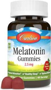 Front image: Carlson Melatonin gummies 2.5 mg strawberry vegetarian gummy 60 bottle