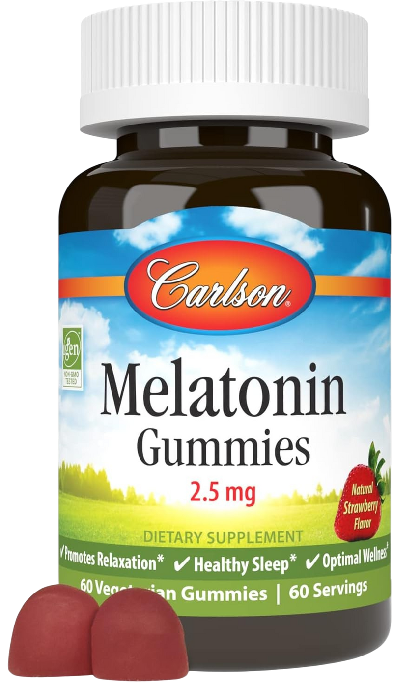 Front image: Carlson Melatonin gummies 2.5 mg strawberry vegetarian gummy 60 bottle
