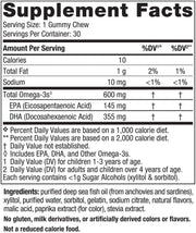 Packaging showing supplement facts for zero sugar kids omega-3 gummies.