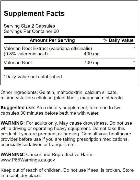 Supplement facts label for Valerian Root Extract capsules with serving size, servings per container, and ingredient list.