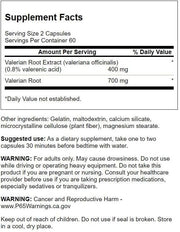 Supplement facts label for Valerian Root Extract capsules with serving size, servings per container, and ingredient list.