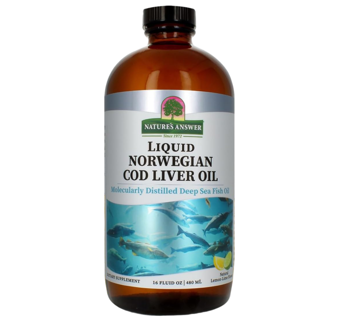Nature’s Answer Liquid Norwegian Cod Liver Oil Lemon Lime 480ml bottle front view