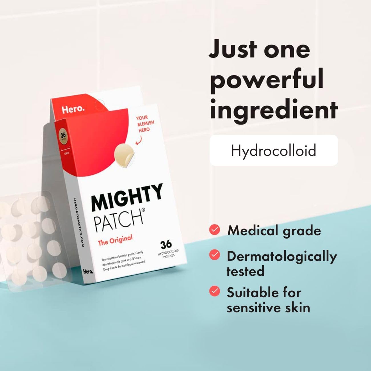 Box of Hero Mighty Patch Original hydrocolloid acne patches, 36 count.