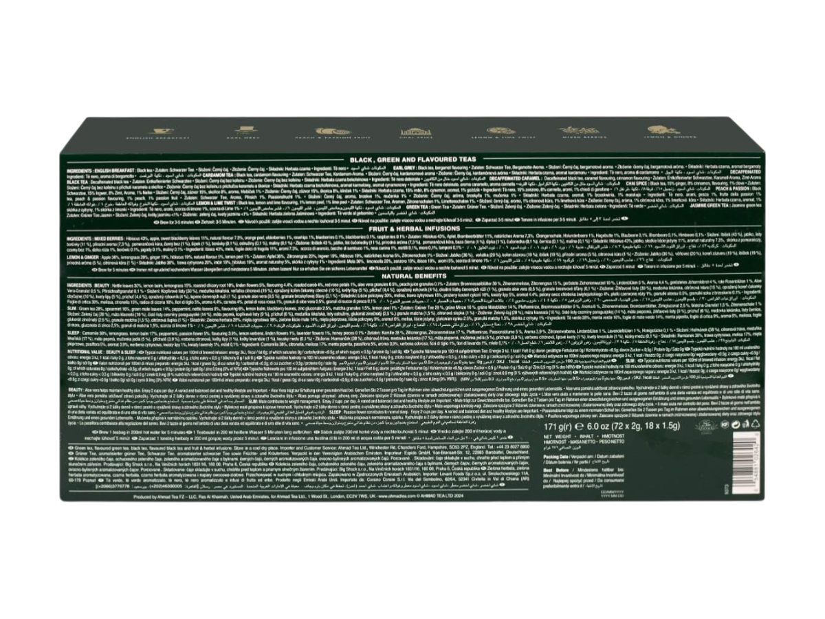 Supplement Facts & Ingredients Image: Ahmad Tea Discovery Selection tea bags ingredients & barcode label 90 pack