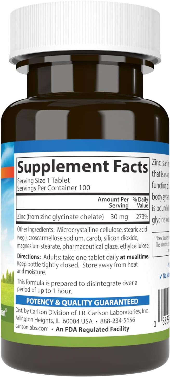 Supplement facts & ingredients image: Carlson Zinc 30 mg glycinate supplement facts tablets 100 count