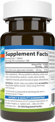 Supplement facts & ingredients image: Carlson Zinc 30 mg glycinate supplement facts tablets 100 count
