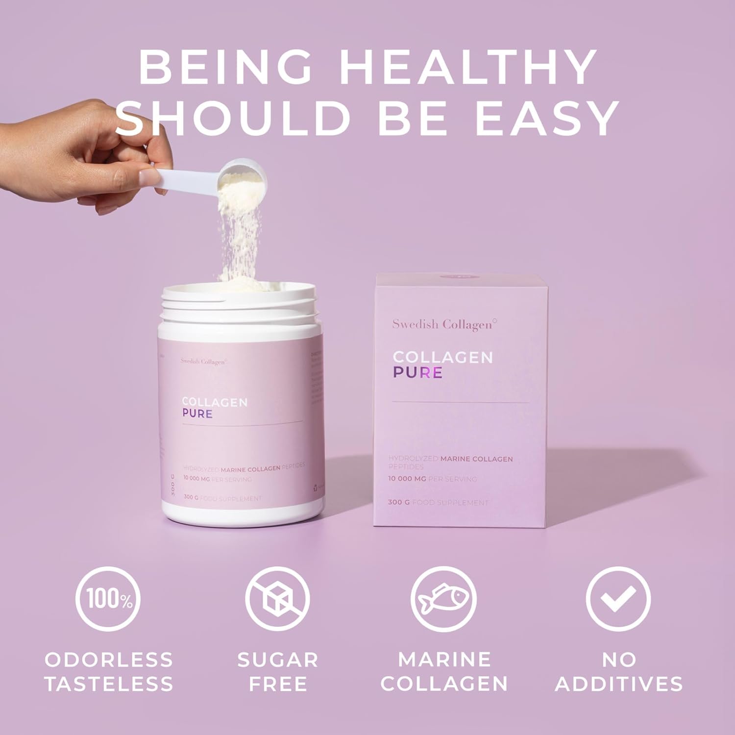 Collagen powder with packaging and text on a purple background