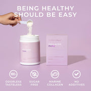 Collagen powder with packaging and text on a purple background