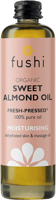 Fushi organic sweet almond oil bottle with pink label