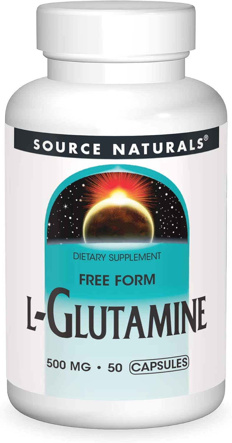 Front image: Source Naturals L-Glutamine 500mg free form capsules bottle 50 count