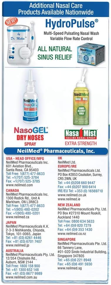 Instructions and ingredients for Neilmed saline nasal rinse packets.