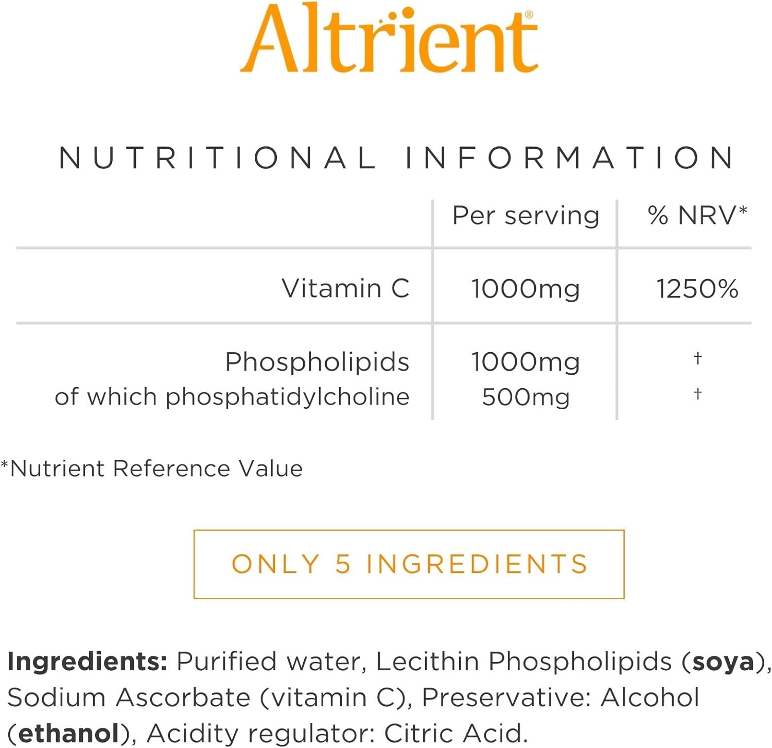 Altrient vitamin C sachets ingredients and nutritional label
