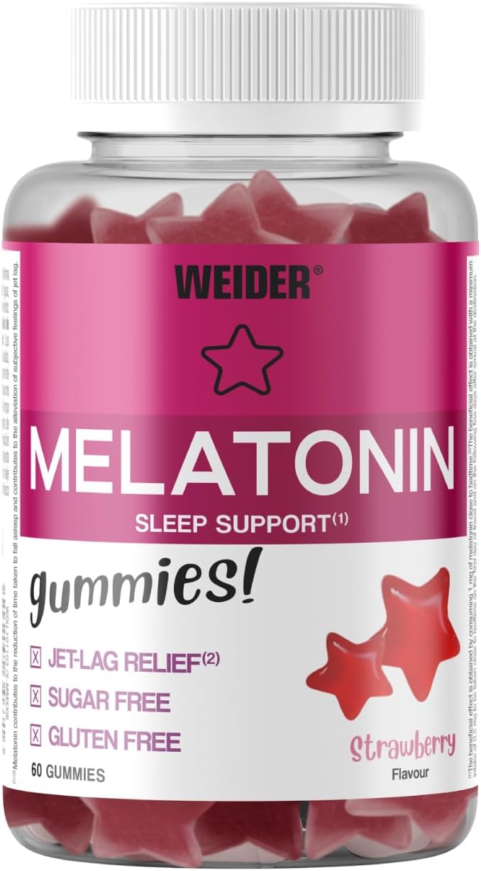 Weider Melatonin 1mg Gummies bottle, strawberry flavour, 60 count.