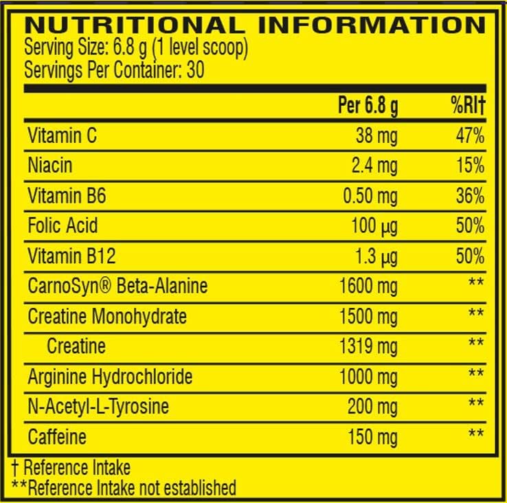 Nutritional information label with various vitamins and supplements on a yellow background