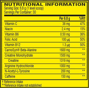 Nutritional information label with various vitamins and supplements on a yellow background