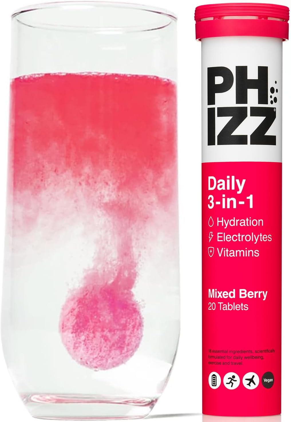 Phizz daily 3 in 1 electrolyte multivitamin mixed berry effervescent tablets tube 20 tablets