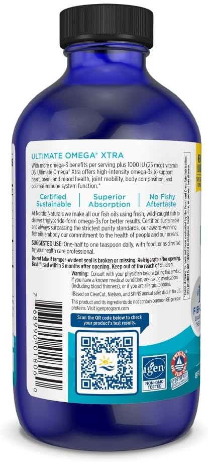 Supplement facts label and dosing guide for Nordic Naturals liquid omega-3 with D3.