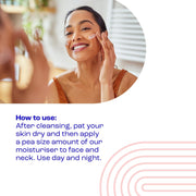 E45 Face Care Hydrating Moisturiser usage instructions on facial skincare tube 50ml
