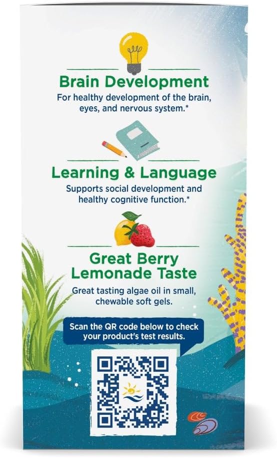 Supplement facts label for Nordic Naturals kids vegan DHA soft gels.