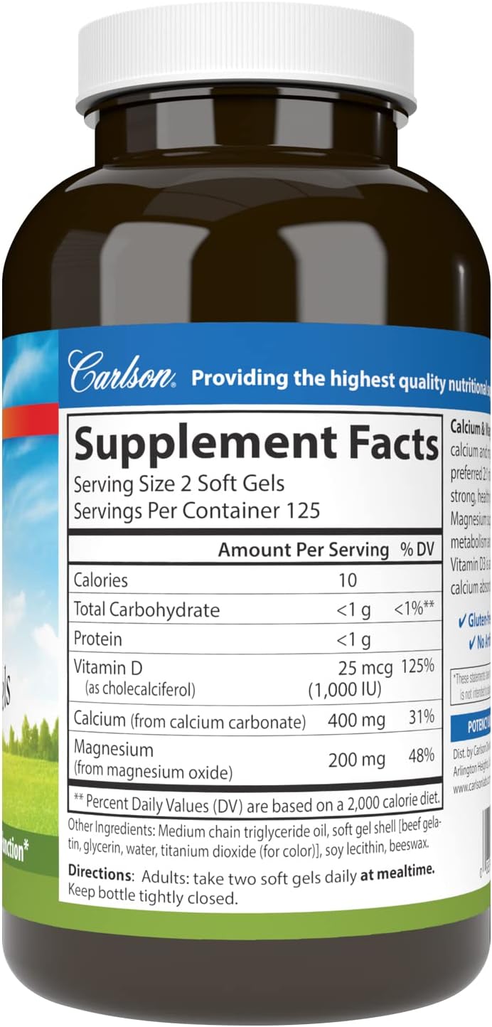 Supplement facts & ingredients image: Carlson Calcium Magnesium vitamin D3 supplement facts softgels 250 bottle