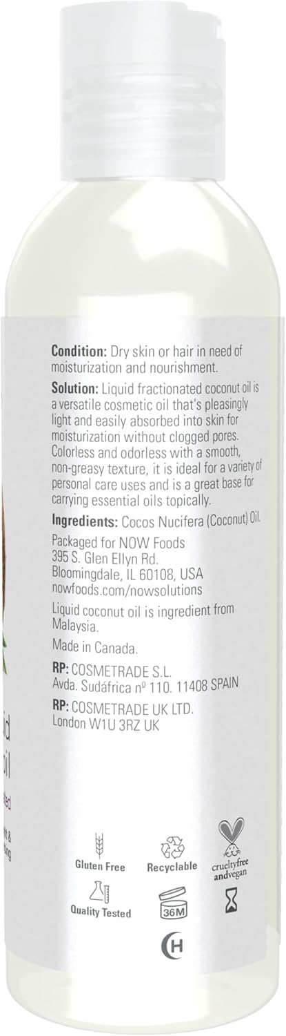 Supplement facts label and usage instructions for NOW Fractionated Coconut Oil.