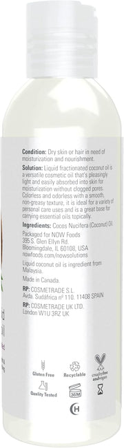 Supplement facts label and usage instructions for NOW Fractionated Coconut Oil.