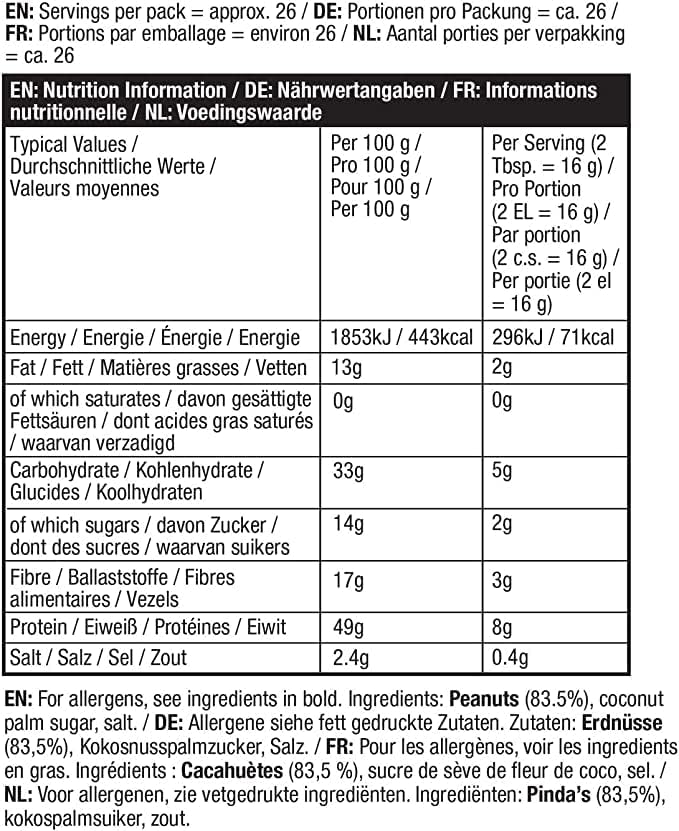 Supplement facts & ingredients image: PBfit Original Peanut Butter Powder ingredients peanuts coconut sugar salt