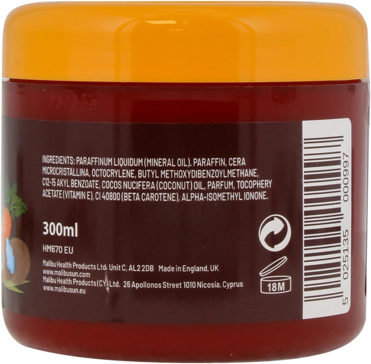 Malibu SPF8 Bronzing Butter with Carotene & Coconut Oil – 300ml | Ingredients and barcode