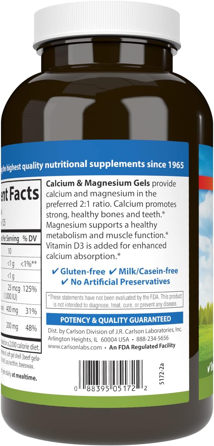 Barcode image: Carlson Calcium Magnesium softgels bottle barcode vitamin D3 250 bottle