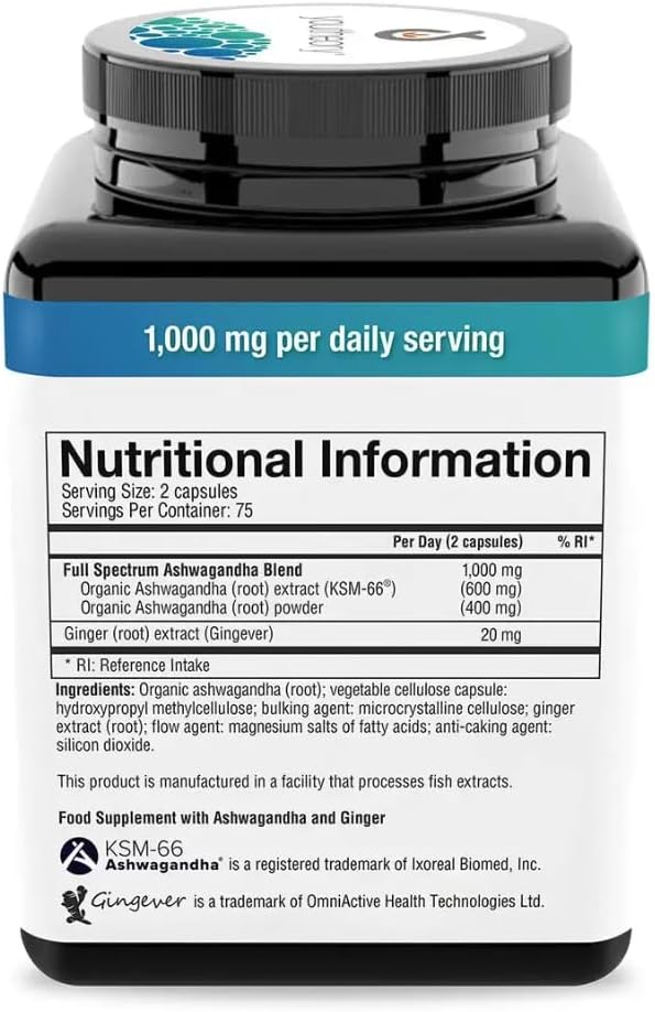 Nutritional information label on a supplement container with blue and black design.