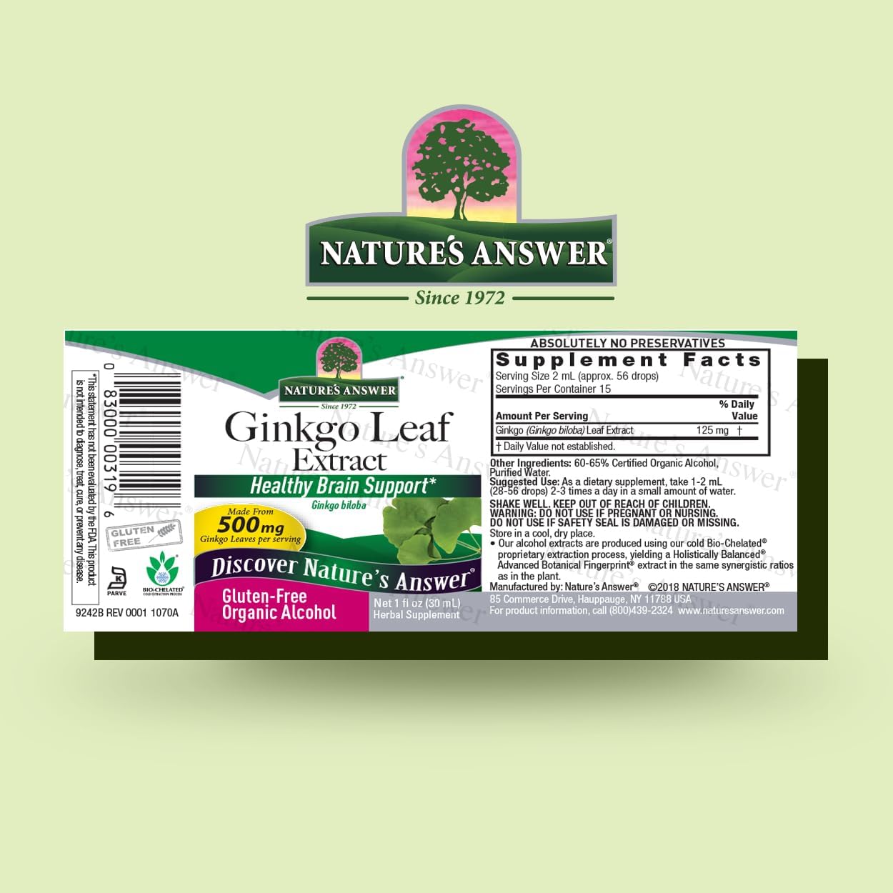 Nature's Answer Ginkgo Leaf Extract supplement label on a light green background