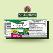 Nature's Answer Ginkgo Leaf Extract supplement label on a light green background
