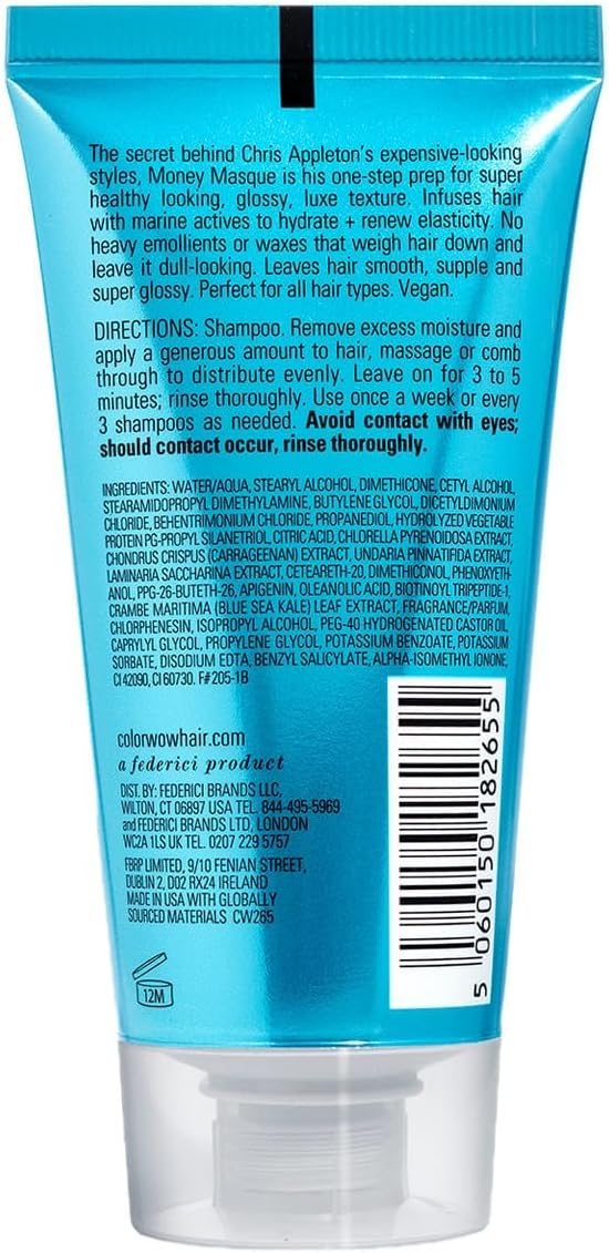 Back label of Color Wow Money Masque 50ml showing instructions and ingredients.