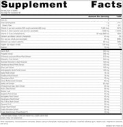 Supplement facts label with various ingredients and their amounts per serving