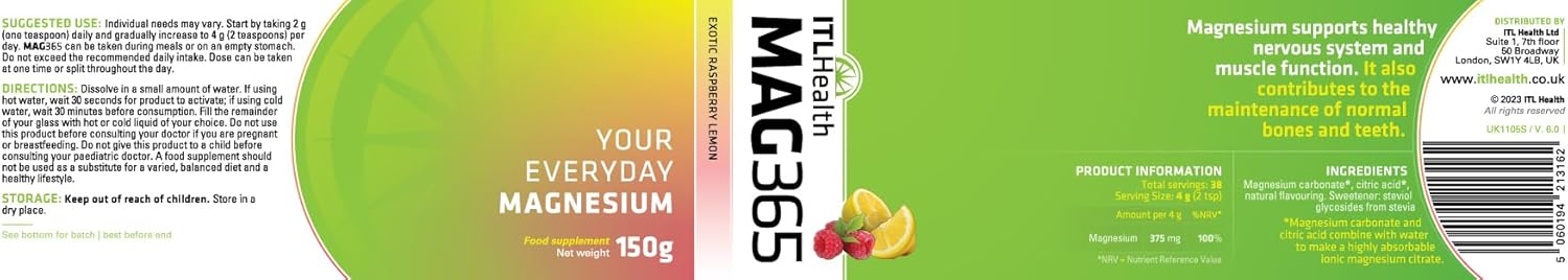 Supplement facts, barcode and ingredient list for MAG365 Magnesium Powder.