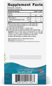 Supplement facts label for Nordic Naturals kids vegan DHA soft gels.