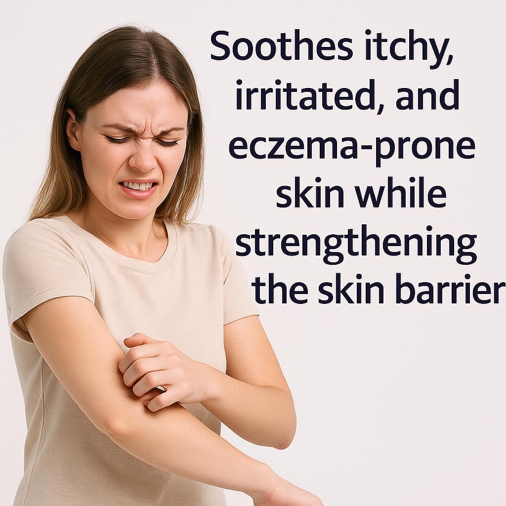 Woman with itching arm and text about skin care product benefits on a white background