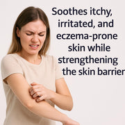 Woman with itching arm and text about skin care product benefits on a white background