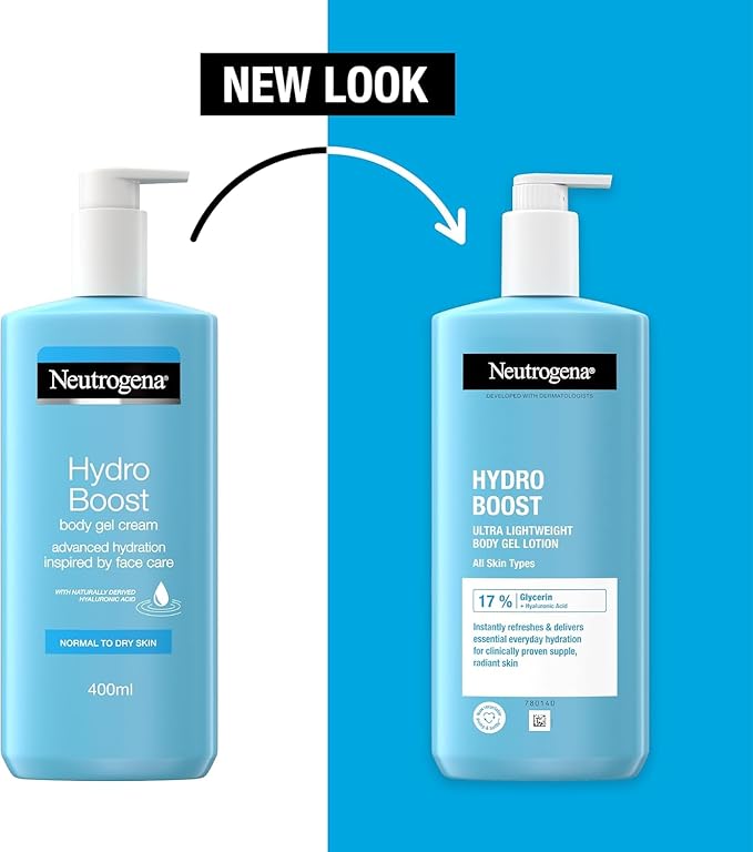 Neutrogena Hydro Boost Body Gel Lotion 400ml blue bottle. Old & new packaging.