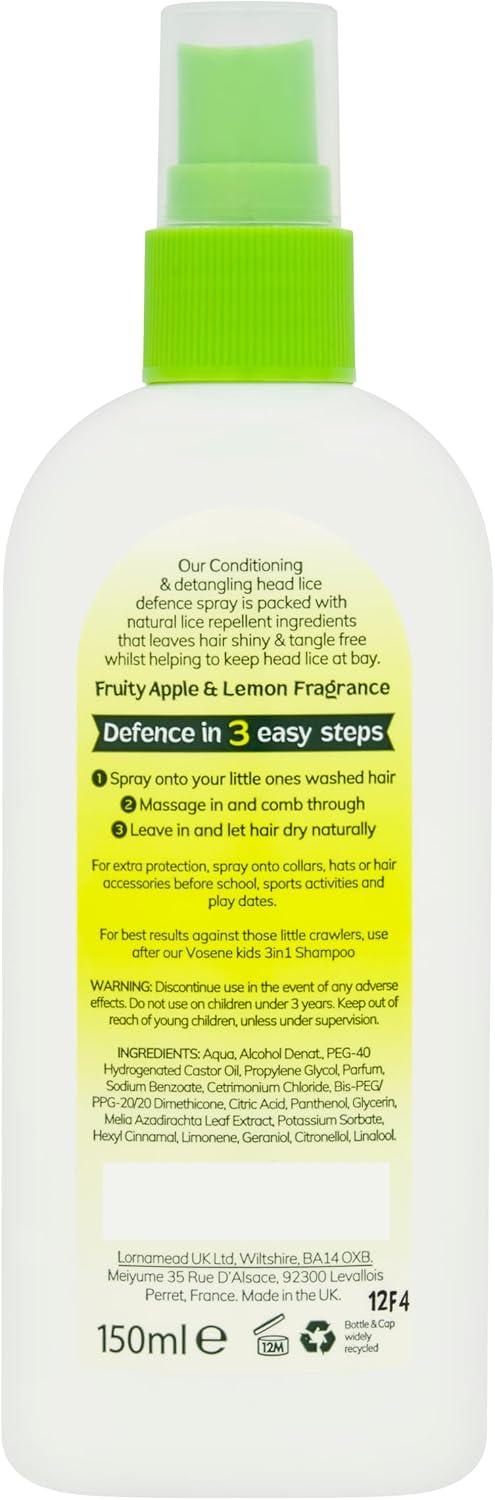 Vosene Kids Head Lice Defence Spray, spray bottle packaging, Apple & Lemon fragrance, 150ml, ingredients information