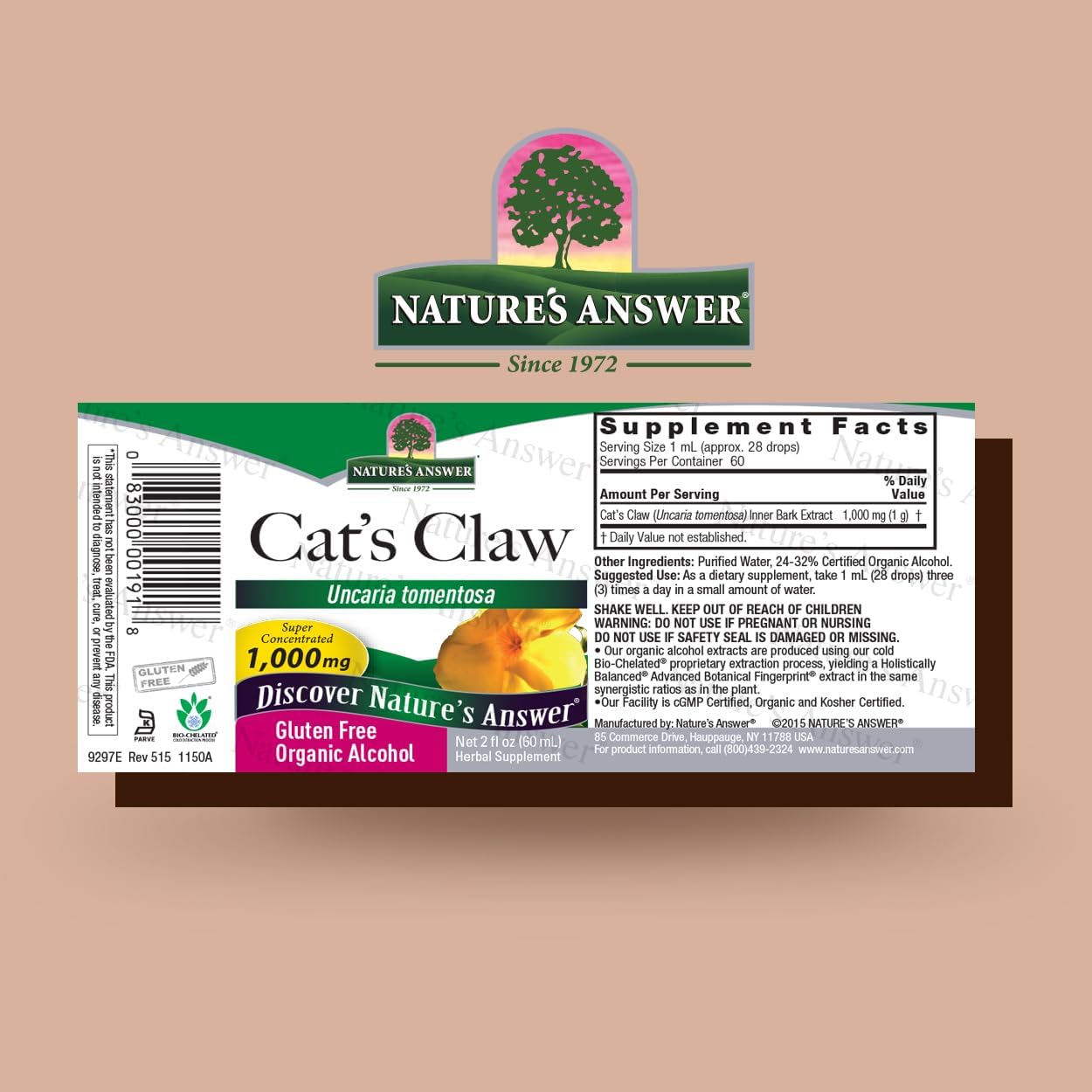 Nature's Answer Cat's Claw supplement label on a beige background