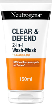 Neutrogena Clear & Defend 2-in-1 Wash & Mask 150ml tube, blue and grey packaging.