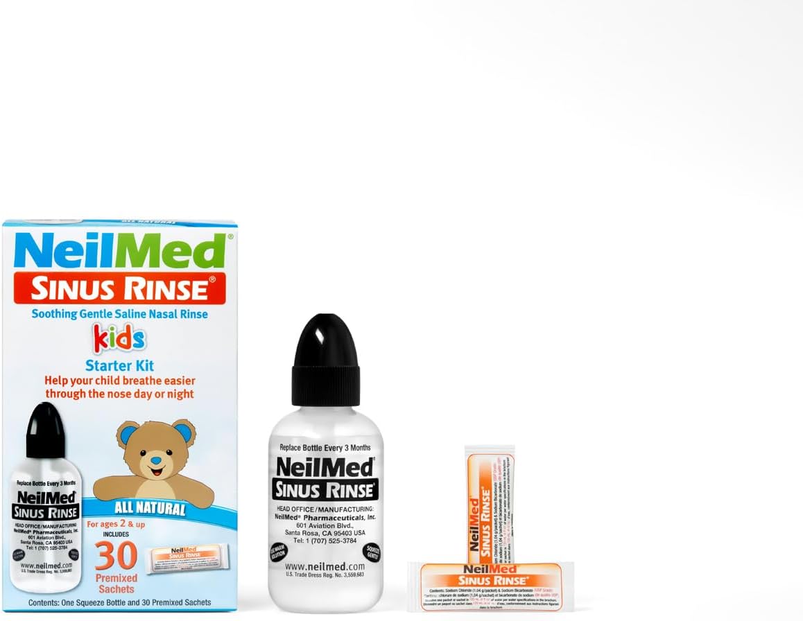 Front of NeilMed Sinus Rinse Pediatric Starter Kit box with bottle and saline sachets.