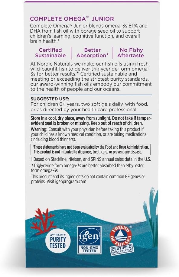 Supplement facts and ingredients label for Complete Omega Jr.